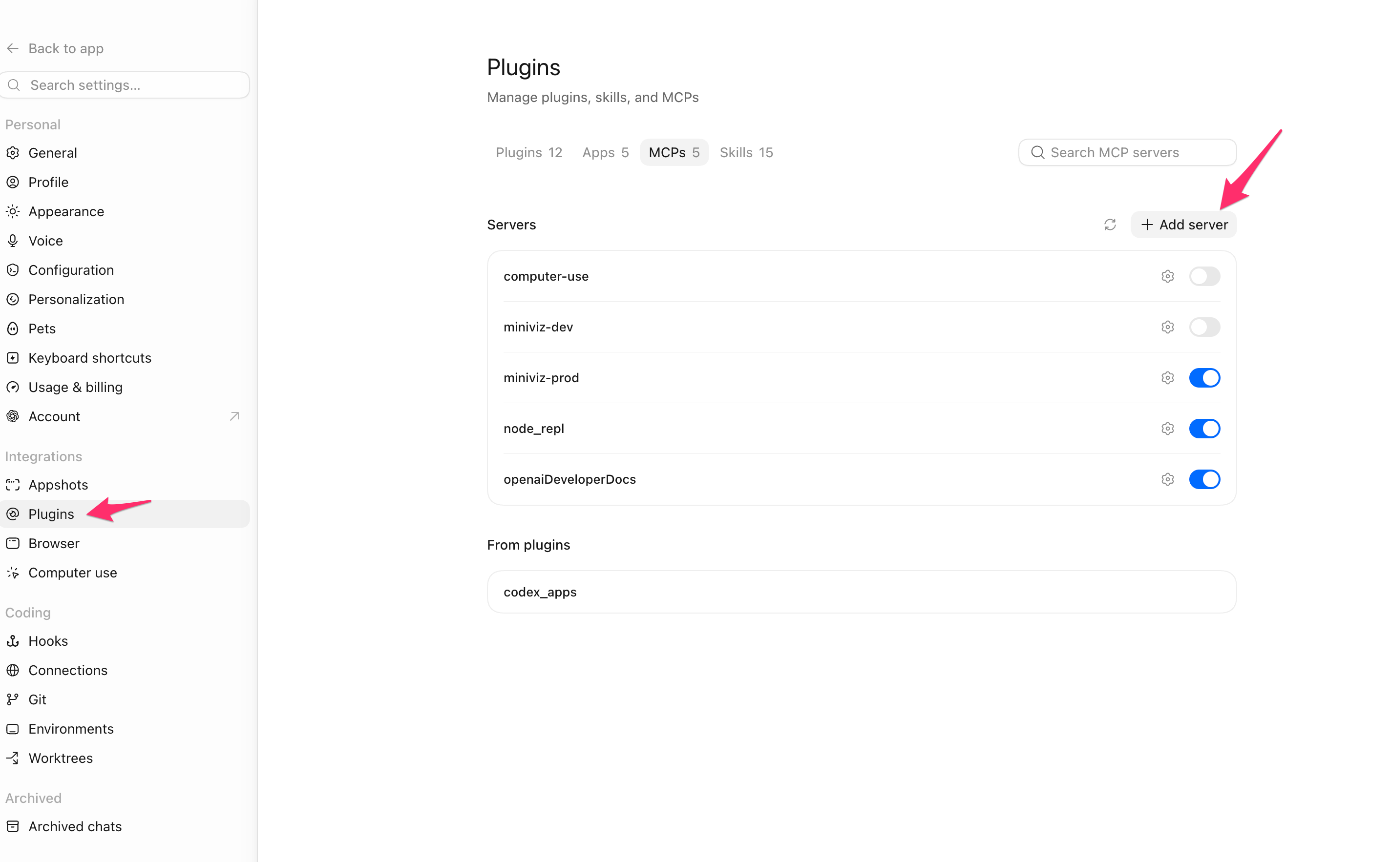Add an MCP server from Codex Plugins
